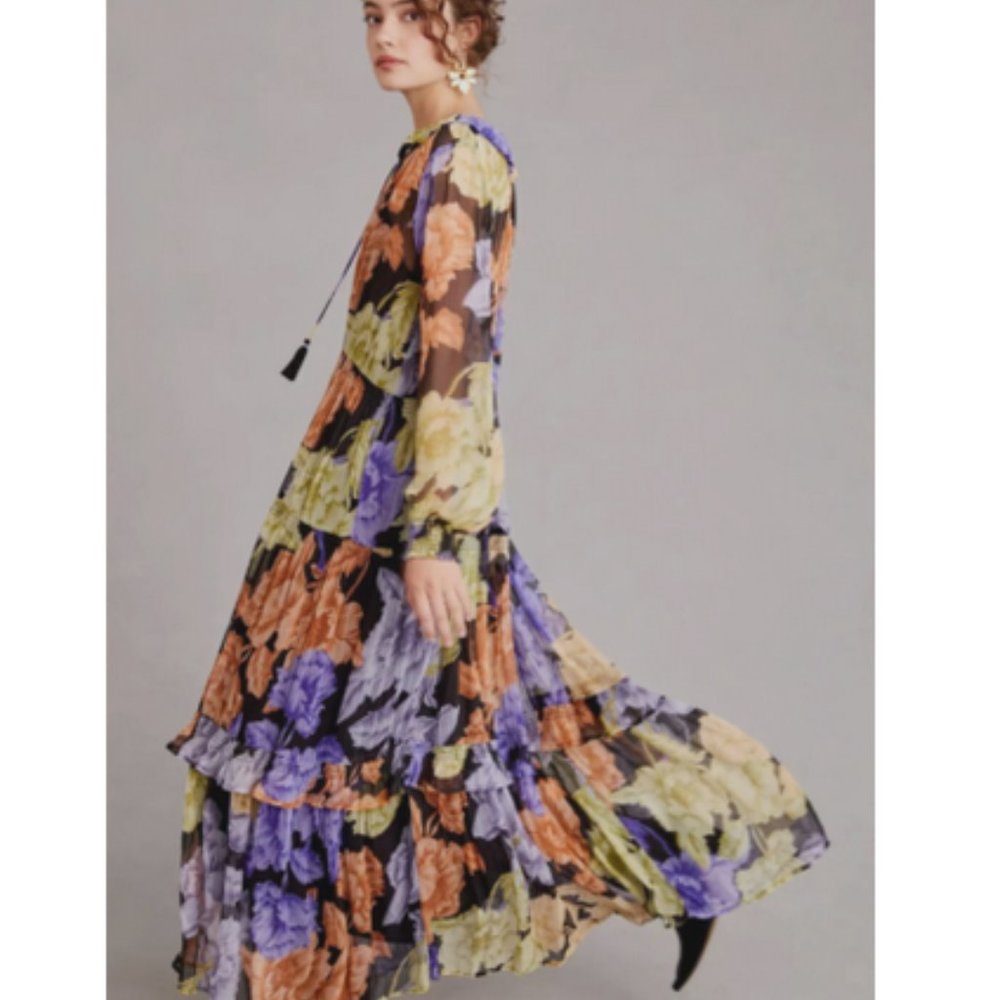 Anthropologie 2X NWT The Marais Printed Chiffon Maxi Dress Purple Floral New - Picture 2 of 9